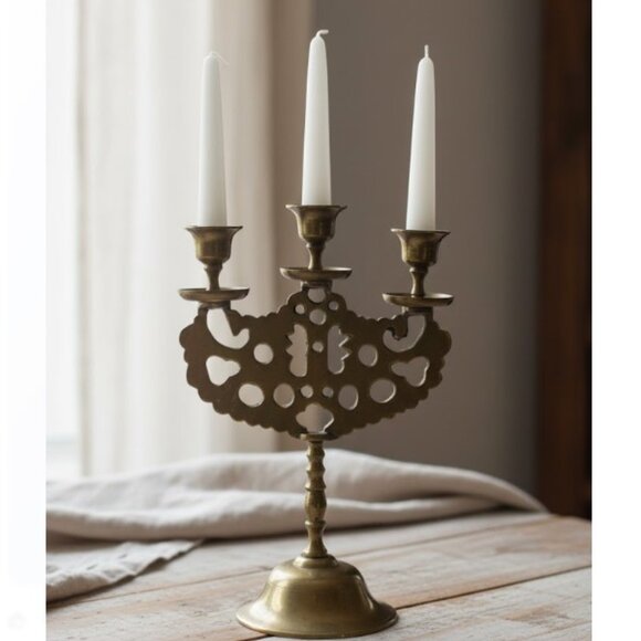 Antique Brass Judea Sabbath Double Dragon 3 Candle Candelabra Solid Brass Etched - Picture 1 of 7